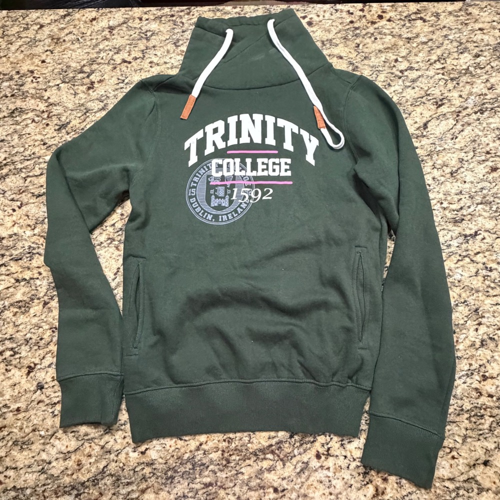 Trinity College Dublin Sweatshirt Womens Large Green Funnel Neck Hoodie Pullover